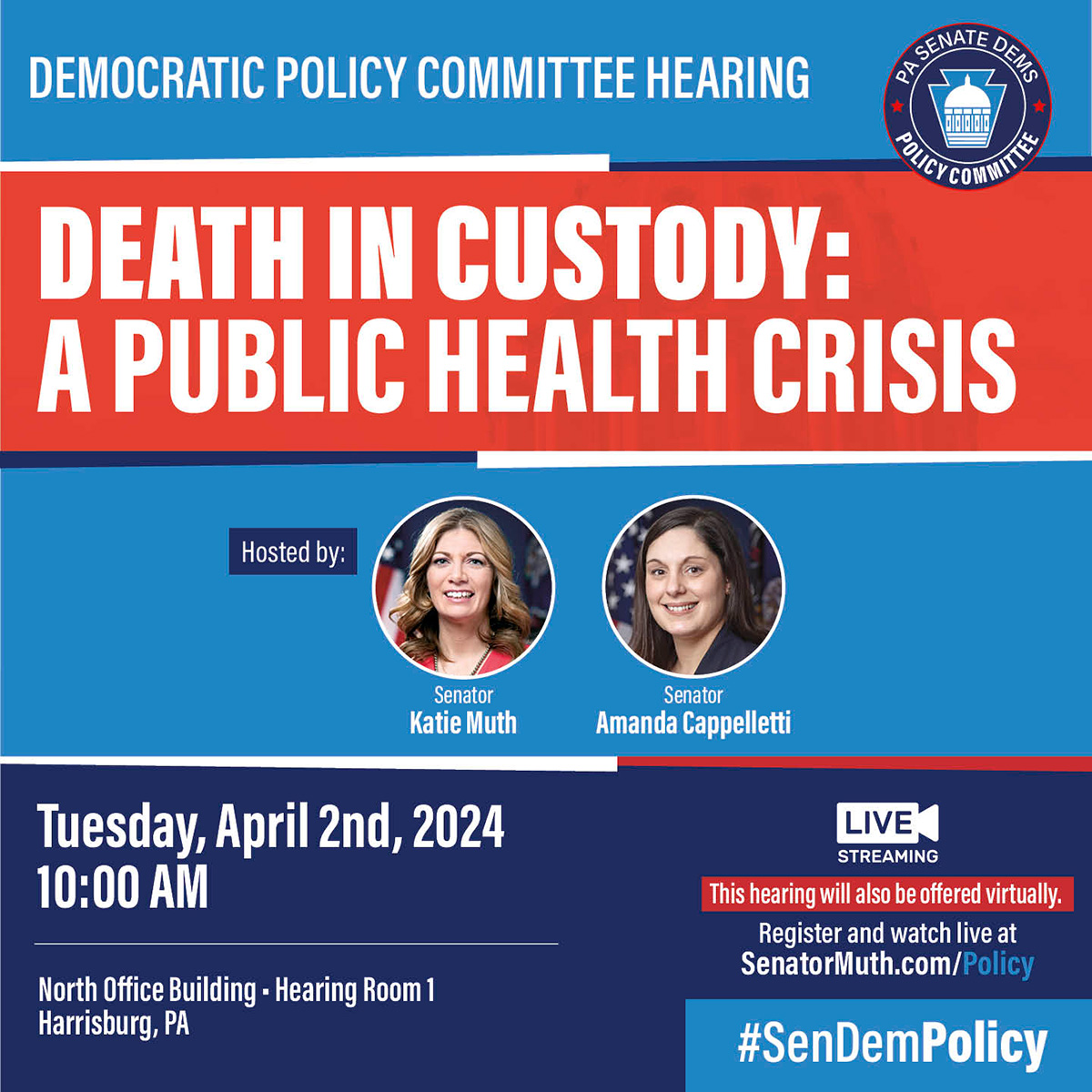 Policy Hearing - Death in Custody: A Public Health Crisis - Senator Katie  Muth